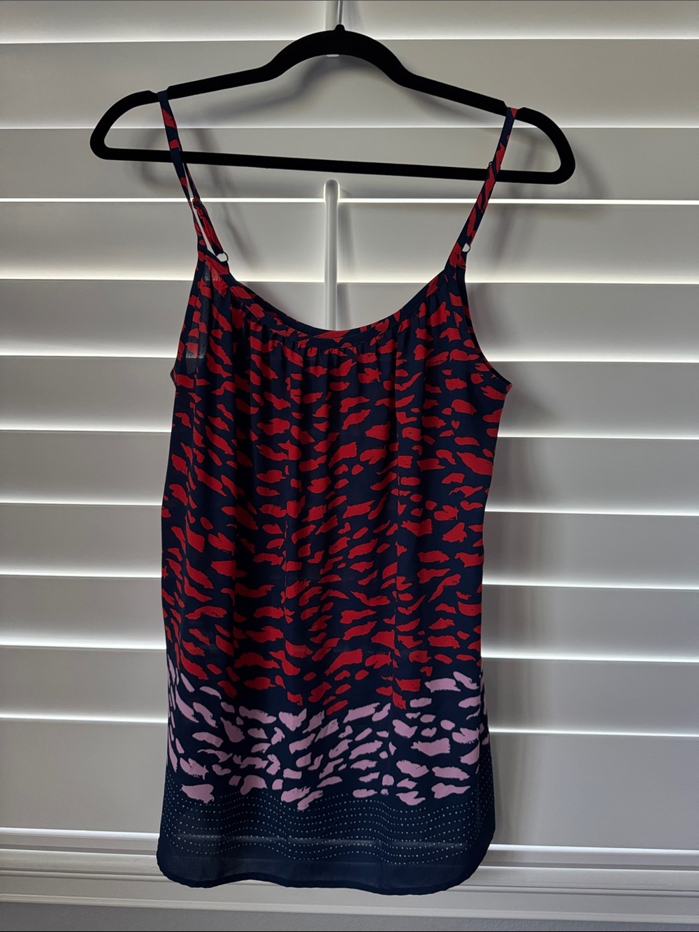 CAbi Navy Spaghetti Strap Tank with Red & Pink Abstract Print Style 5548